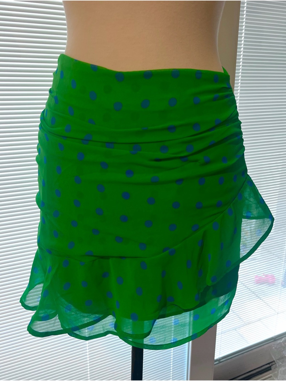 Polka Dot Flowy Green and Blue Mini Skirt Parisian Feminine XS New